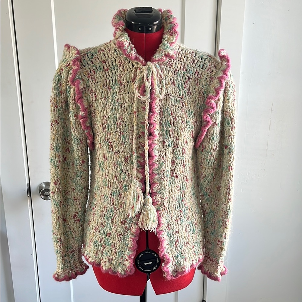 Vintage ruffle sweater with tassel ties and  Pink Accents